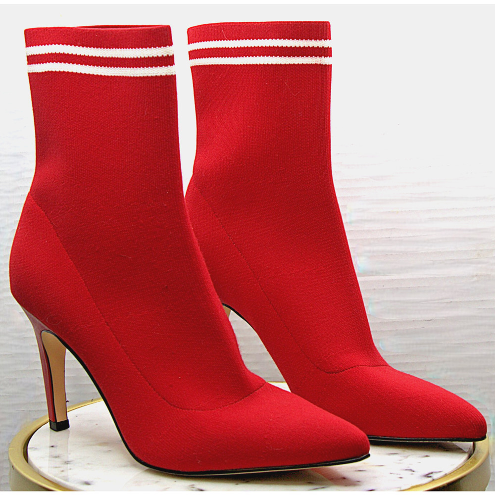 Leith Athletic-Inspired Heel Boots 9 Red Sock Booties White Striped